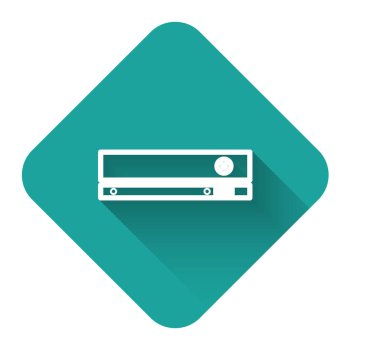 Beyaz çizgi video oyun konsolu simgesi uzun gölgeyle izole edildi. Yeşil kare düğmesi. Vektör İllüstrasyonu