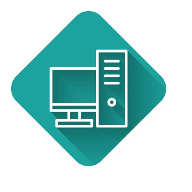 Beyaz çizgi bilgisayar monitörü simgesi uzun gölgeli izole edildi. Bilgisayar bileşeni işareti. Yeşil kare düğmesi. Vektör İllüstrasyonu