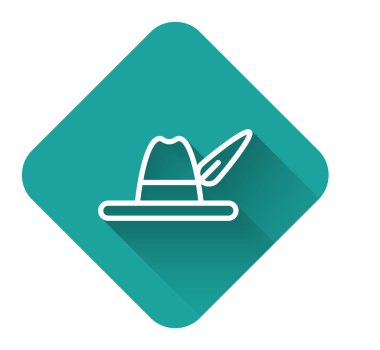 Beyaz çizgi Oktoberfest şapka ikonu uzun gölgeli izole edilmiş. Tüylü avcı şapkası. Alman şapkası. Yeşil kare düğmesi. Vektör İllüstrasyonu