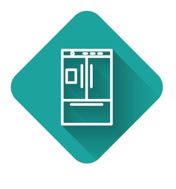 Beyaz çizgi buzdolabı ikonu uzun gölgeli. Buzdolabı buzdolabı. Ev aletleri ve aletler. Yeşil kare düğmesi. Vektör İllüstrasyonu