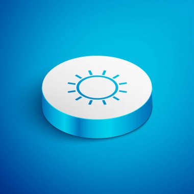 Isometric çizgi Sun simgesi mavi arkaplanda izole edildi. Beyaz daire düğmesi. Vektör İllüstrasyonu