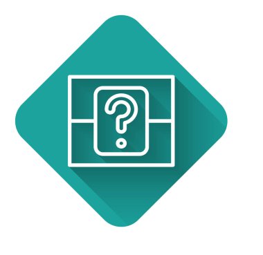 Beyaz çizgi gizemli kutu ya da uzun gölgeli oyun ikonu için rastgele ganimet kutusu. Soru kutusu. Yeşil kare düğmesi. Vektör İllüstrasyonu