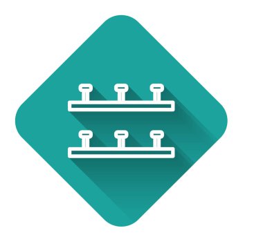 White line Automatic irrigation sprinklers icon isolated with long shadow. Watering equipment. Garden element. Spray gun icon. Green square button. Vector Illustration