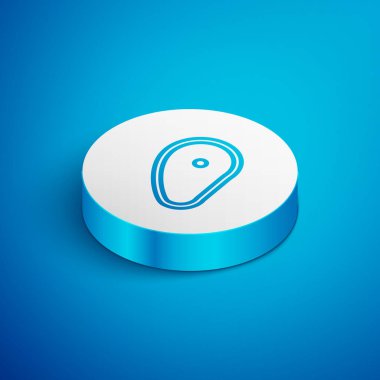 Isometric line Steak meat icon isolated on blue background. White circle button. Vector Illustration
