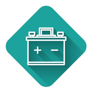 White line Car battery icon isolated with long shadow. Accumulator battery energy power and electricity accumulator battery. Green square button. Vector Illustration