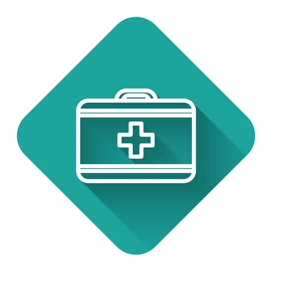 White line First aid kit icon isolated with long shadow. Medical box with cross. Medical equipment for emergency. Healthcare concept. Green square button. Vector Illustration — Stock Vector