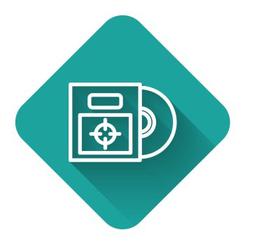 Kutu simgesinde uzun gölgeli beyaz çizgi CD 'si ya da DVD diski. Küçük disk işareti. Yeşil kare düğmesi. Vektör İllüstrasyonu