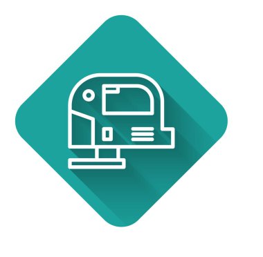 Uzun gölgeyle izole edilmiş çelik keskin bıçak ikonu olan beyaz çizgili elektrikli yapboz. Ahşap işçiliği için elektrikli alet. Yeşil kare düğmesi. Vektör İllüstrasyonu