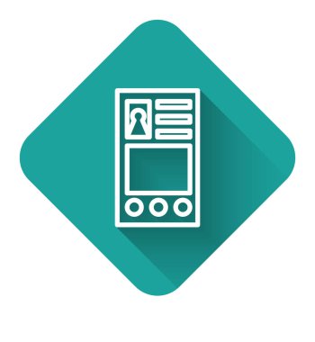 Beyaz çizgi Uzun gölgeli bir hesap ekranı simgesi oluştur. Yeşil kare düğmesi. Vektör İllüstrasyonu