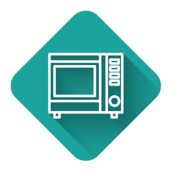 Beyaz çizgi mikrodalga fırın ikonu uzun gölgeli izole edilmiş. Ev aletleri simgesi. Yeşil kare düğmesi. Vektör İllüstrasyonu