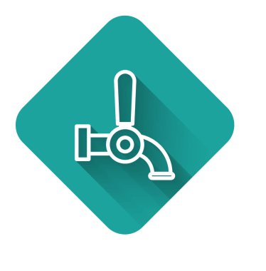 Beyaz çizgi bira ikonu uzun gölgeli izole edilmiş. Yeşil kare düğmesi. Vektör İllüstrasyonu