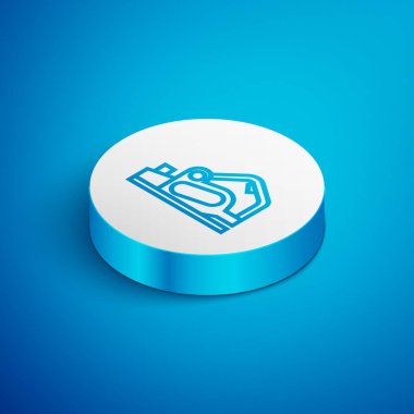 Isometric line elektrik planlayıcı araç simgesi mavi arkaplanda izole edildi. Beyaz daire düğmesi. Vektör İllüstrasyonu