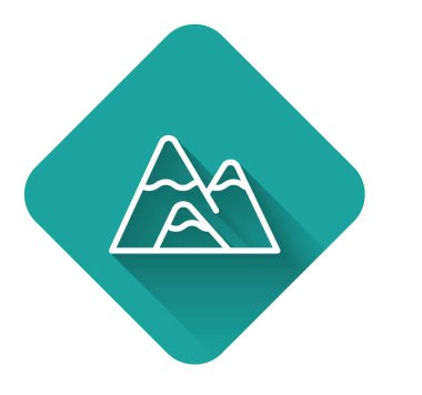 Beyaz çizgi dağları ikonu uzun gölgeli izole edilmiş. Zaferin ya da başarının sembolü. Yeşil kare düğmesi. Vektör İllüstrasyonu