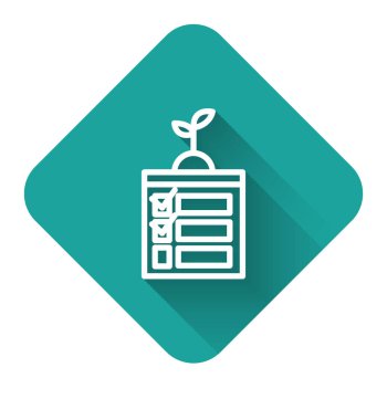 Beyaz çizgi Akıllı tarım teknolojisi - uygulama simgesindeki zamanlayıcı çiftliği otomasyon sistemi uzun gölgeli izole edilmiş. Yeşil kare düğmesi. Vektör İllüstrasyonu