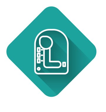 Beyaz çizgi şekil değiştiren simgesi uzun gölgeli izole edilmiş. İletişim simgesi. Yeşil kare düğmesi. Vektör İllüstrasyonu