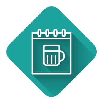 Uzun gölgeli takvim ikonu ile beyaz çizgi Aziz Patrick Günü. Dört yapraklı yonca sembolü. Tarih 17 Mart. Yeşil kare düğmesi. Vektör İllüstrasyonu