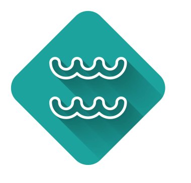 Beyaz çizgi Kova burcu burcu simgesi uzun gölgeli. Astrolojik yıldız falı koleksiyonu. Yeşil kare düğmesi. Vektör İllüstrasyonu