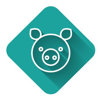 Beyaz çizgi domuz burcu simgesi uzun gölgeli izole edilmiş. Astrolojik yıldız falı koleksiyonu. Yeşil kare düğmesi. Vektör İllüstrasyonu