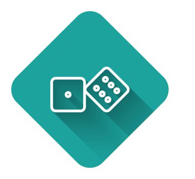 Beyaz çizgi Oyun zar simgesi uzun gölge ile izole. Kumarhane kumarı. Yeşil kare düğmesi. Vektör İllüstrasyonu