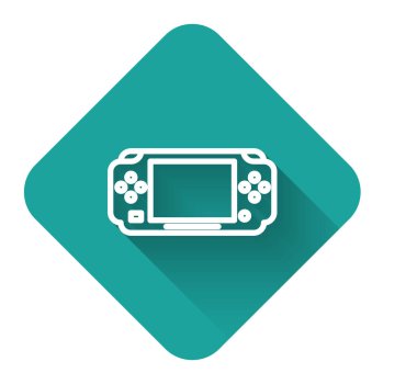 Beyaz çizgi taşınabilir video oyun konsolu simgesi uzun gölgeli izole edildi. Av alanı tabelası. Oyun konsepti. Yeşil kare düğmesi. Vektör İllüstrasyonu