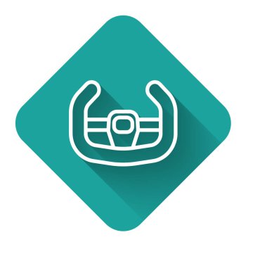 Beyaz çizgi direksiyon ikonu uzun gölgeli izole edilmiş. Araba tekeri ikonu. Yeşil kare düğmesi. Vektör İllüstrasyonu