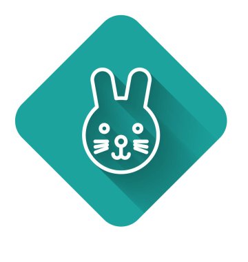 Beyaz çizgi Tavşan burcu simgesi uzun gölgeli. Astrolojik yıldız falı koleksiyonu. Yeşil kare düğmesi. Vektör İllüstrasyonu