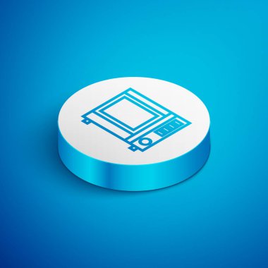 Isometric hattı mikrodalga fırın ikonu mavi arka planda izole edildi. Ev aletleri simgesi. Beyaz daire düğmesi. Vektör İllüstrasyonu