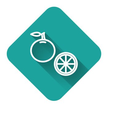 Beyaz çizgi turuncu meyve ikonu uzun gölgeli izole edilmiş. Yeşil kare düğmesi. Vektör İllüstrasyonu