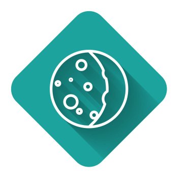 Güneş tutulmasının beyaz çizgi simgesi uzun gölgelerle izole edilmiş. Tam sonar tutulması. Yeşil kare düğmesi. Vektör İllüstrasyonu