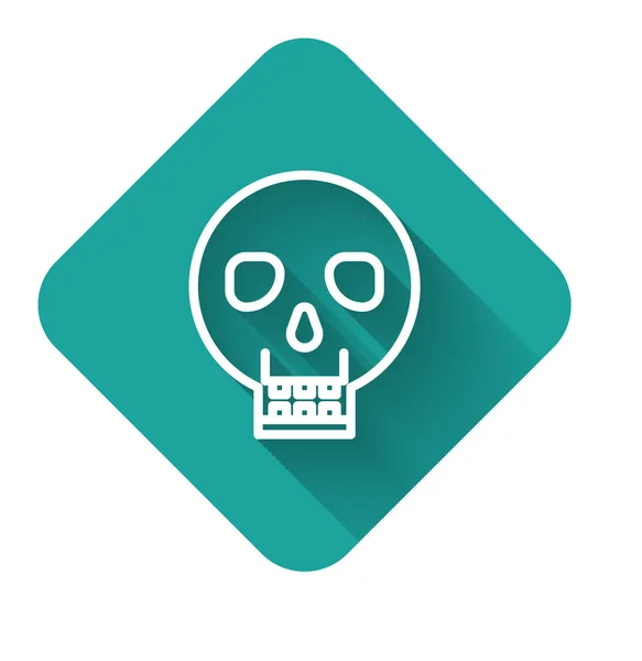 White line Skull icon isolated with long shadow. Happy Halloween party. Green square button. Vector Illustration — Stock Vector