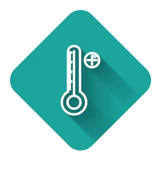 Tıbbi muayene ikonu için beyaz çizgi dijital termometre uzun gölgeli izole edilmiş. Yeşil kare düğmesi. Vektör İllüstrasyonu — Stok Vektör
