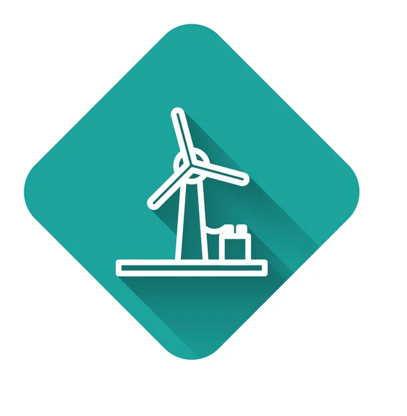 White line Wind turbine icon isolated with long shadow. Wind generator sign. Windmill for electric power production. Green square button. Vector Illustration — 스톡 벡터