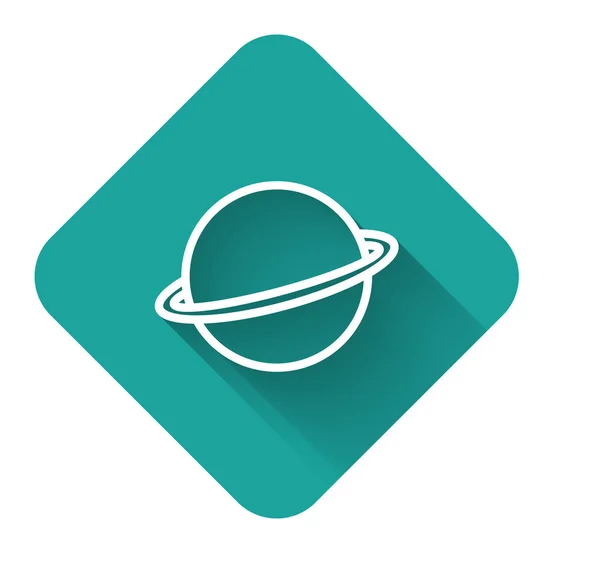 Línea blanca Planeta Saturno con el icono del sistema de anillos planetarios aislado con sombra larga. Botón cuadrado verde. Ilustración vectorial — Vector de stock