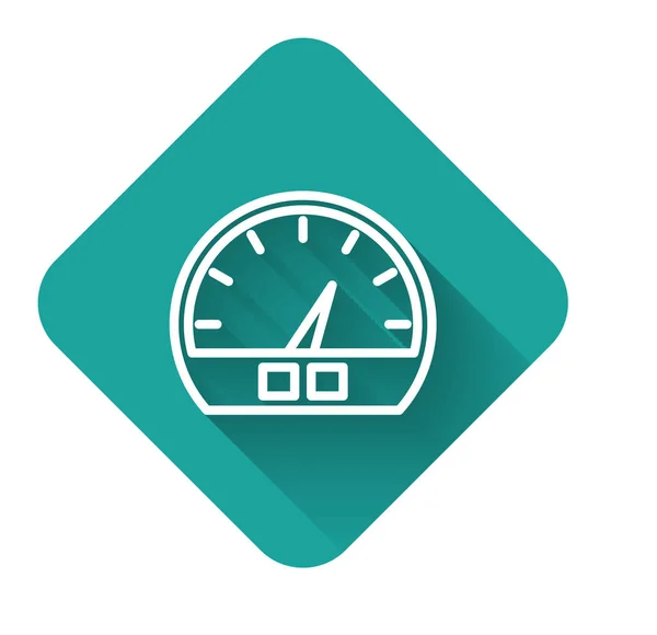 White line Speedometer icon isolated with long shadow. Green square button. Vector Illustration — Stock Vector