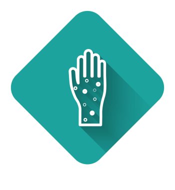 Sedef hastalığı ya da egzama ikonu olan beyaz çizgili El uzun gölgeli. Alerjene veya kronik vücut sorununa karşı insan derisi tepkisi kavramı. Yeşil kare düğmesi. Vektör İllüstrasyonu