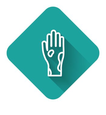 Sedef hastalığı ya da egzama ikonu olan beyaz çizgili El uzun gölgeli. Alerjene veya kronik vücut sorununa karşı insan derisi tepkisi kavramı. Yeşil kare düğmesi. Vektör İllüstrasyonu