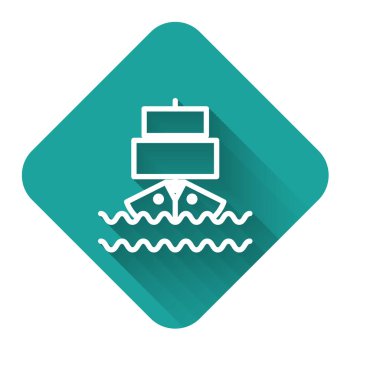 Beyaz çizgi gemi simgesi uzun gölgeli izole edildi. Yeşil kare düğmesi. Vektör İllüstrasyonu