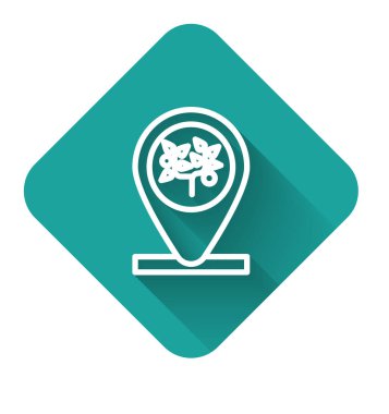 Beyaz çizgi konumu ve ağaç simgesi uzun gölgeli izole edilmiş. Yeşil kare düğmesi. Vektör İllüstrasyonu