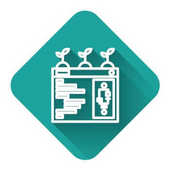 Beyaz çizgi Akıllı tarım teknolojisi - Uygulama simgesindeki tarım otomasyon sistemi uzun gölgeli. Yeşil kare düğmesi. Vektör İllüstrasyonu