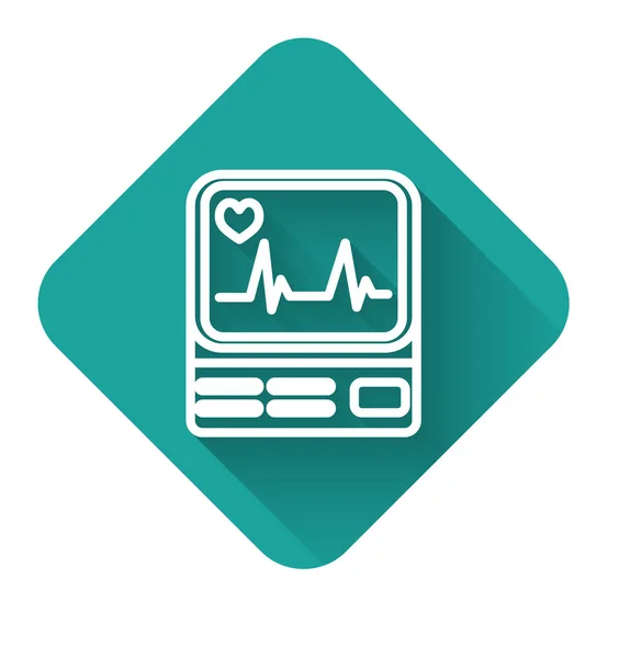 White line Computer monitor with cardiogram icon isolated with long shadow. Monitoring icon. ECG monitor with heart beat hand drawn. Green square button. Vector Illustration — Stock Vector