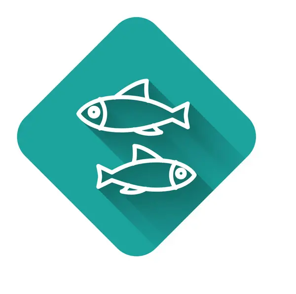 Vit linje fisk ikon isolerad med lång skugga. Grön fyrkant. Vektor Illustration — Stock vektor