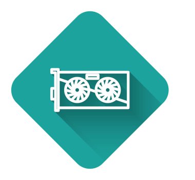 Beyaz çizgi video kartı simgesi uzun gölgeyle izole edildi. Yeşil kare düğmesi. Vektör İllüstrasyonu