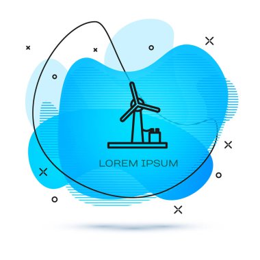 Beyaz arkaplanda çizgi rüzgar türbini simgesi izole edildi. Rüzgar jeneratörü işareti. Elektrik üretimi için yel değirmeni. Sıvı şekilli soyut pankart. Vektör İllüstrasyonu
