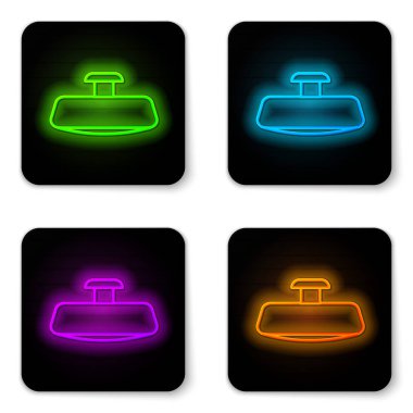 Parlak neon çizgili araba aynası ikonu beyaz arka planda izole edildi. Siyah kare düğme. Vektör İllüstrasyonu