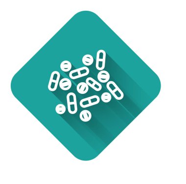 Uzun gölgeli beyaz çizgi ilaç veya tablet ikonu. Kapsül hapı ve uyuşturucu işareti. Eczane tasarımı. Yeşil kare düğmesi. Vektör İllüstrasyonu
