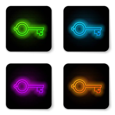 Parlayan neon hattı Beyaz arkaplanda izole edilmiş oyun simgesi için Eskiler 'in anahtarı. Siyah kare düğme. Vektör İllüstrasyonu