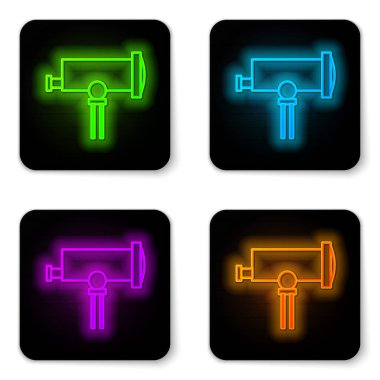 Parlayan neon hattı Teleskop simgesi beyaz arkaplanda izole edildi. Bilimsel bir alet. Eğitim ve astronomi elementi, dürbün ve çalışma yıldızları. Siyah kare düğme. Vektör İllüstrasyonu
