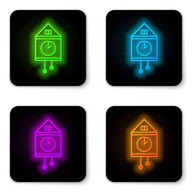Parlayan neon hattı Retro duvar izleme simgesi beyaz arkaplanda izole edildi. Guguklu saat işareti. Antika sarkaçlı saat. Siyah kare düğme. Vektör İllüstrasyonu