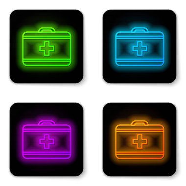 Parlayan neon hattı ilk yardım çantası simgesi beyaz arkaplanda izole edildi. Haçlı sağlık kutusu. Acil durumlar için tıbbi ekipman. Sağlık sigortası konsepti. Siyah kare düğme. Vektör İllüstrasyonu