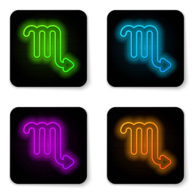 Parlayan neon hattı Scorpio burç simgesi beyaz arka planda izole edildi. Astrolojik yıldız falı koleksiyonu. Siyah kare düğme. Vektör İllüstrasyonu